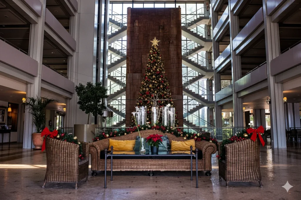 Recepción del Hotel Termes Montbrió ambientada con decoraciones navideñas